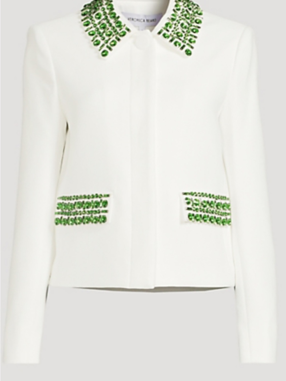 Veronica Beard White Blazer with Green Jeweled Collar and Pocket Accents